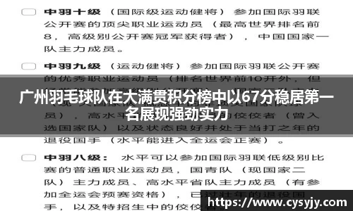 广州羽毛球队在大满贯积分榜中以67分稳居第一名展现强劲实力